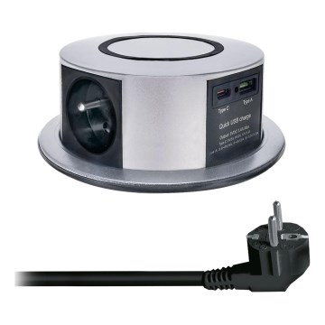 Uttagspelare för bordsskiva med Qi trådlös laddning 3x230V + 1xUSB-A + 1xUSB-C silver/svart