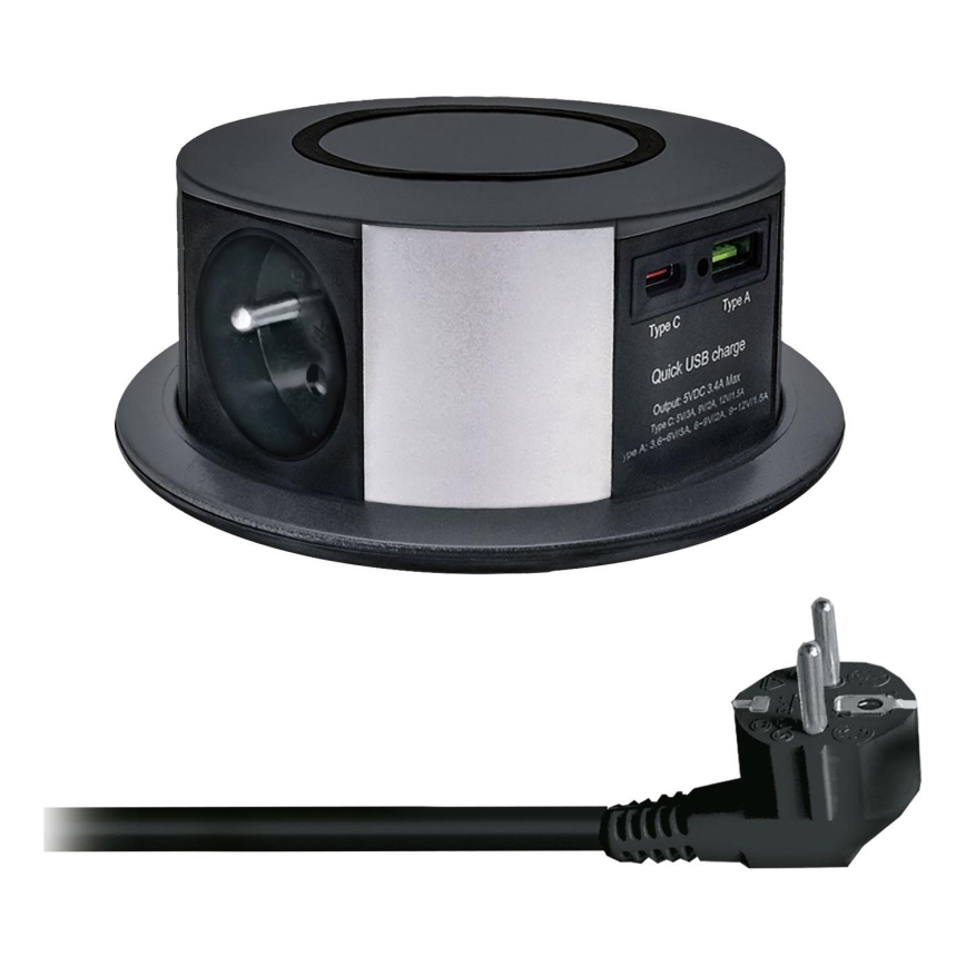 Uttagspelare för bordsskiva med Qi trådlös laddning 3x230V + 1xUSB-A + 1xUSB-C svart/silver