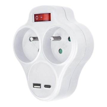 Uttagssplitter med en USB A+C charger och switch 2x10A vit