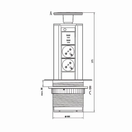 uttagstolpe för anslutning för bordsskiva 2x230V + USB-A 3,1A + UBS-C 15,5W 230V