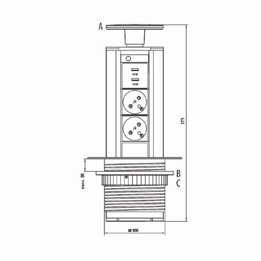uttagstolpe för anslutning för bordsskiva 2x230V + USB-A 3,1A + UBS-C 15,5W 230V