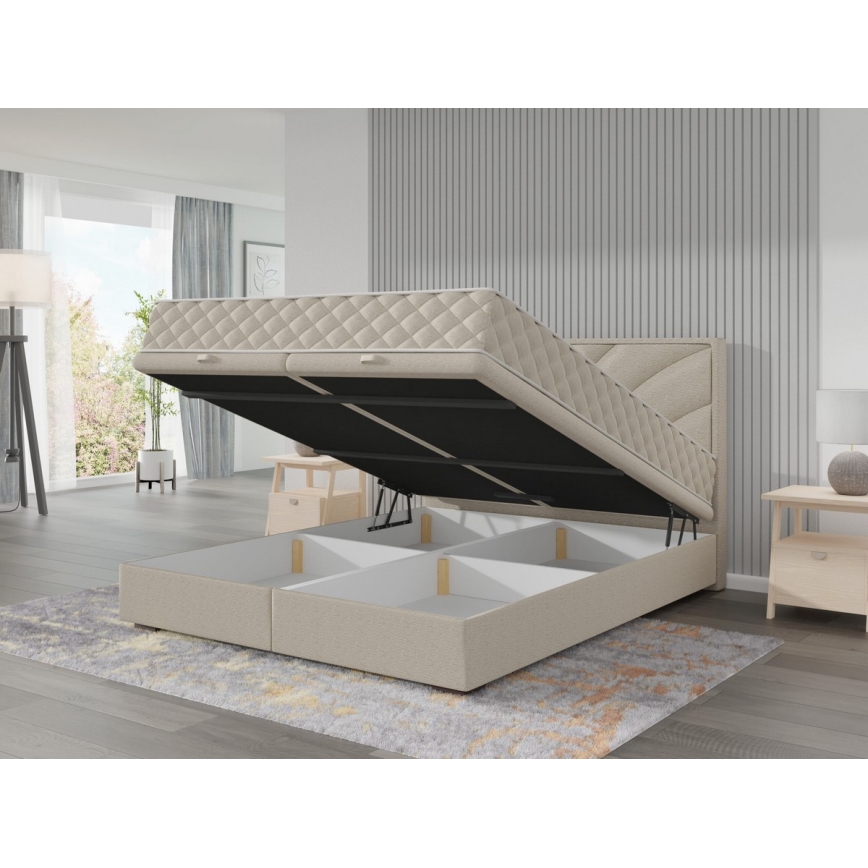 Vadderad säng med madrasser och förvaringsutrymme GINA 180x200 cm beige