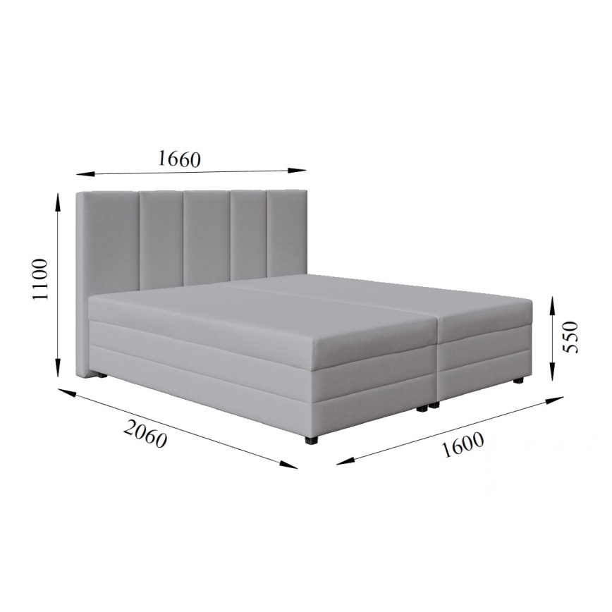 Vadderad säng med resårmadrass och förvaringsutrymme ISABEL 160x200 ljusgrå
