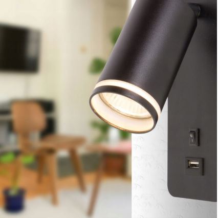 Vägg spotlight med USB laddare 1xGU10/35W/230V svart