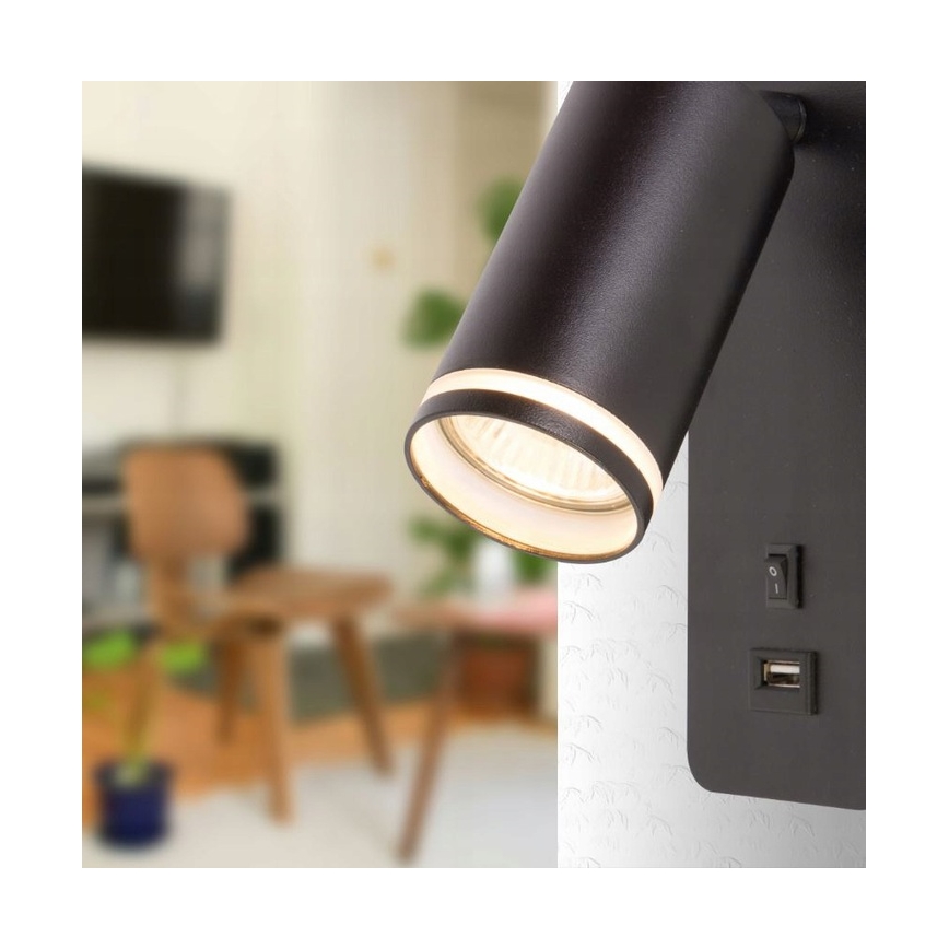 Vägg spotlight med USB laddare 1xGU10/35W/230V svart