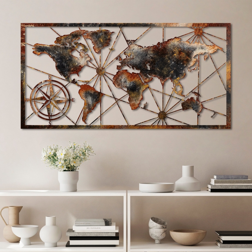 Väggdekoration 120x60 cm världskarta metall