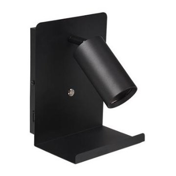 Väggspotlight med hylla och USB laddare 1xGU10/35W/230V svart
