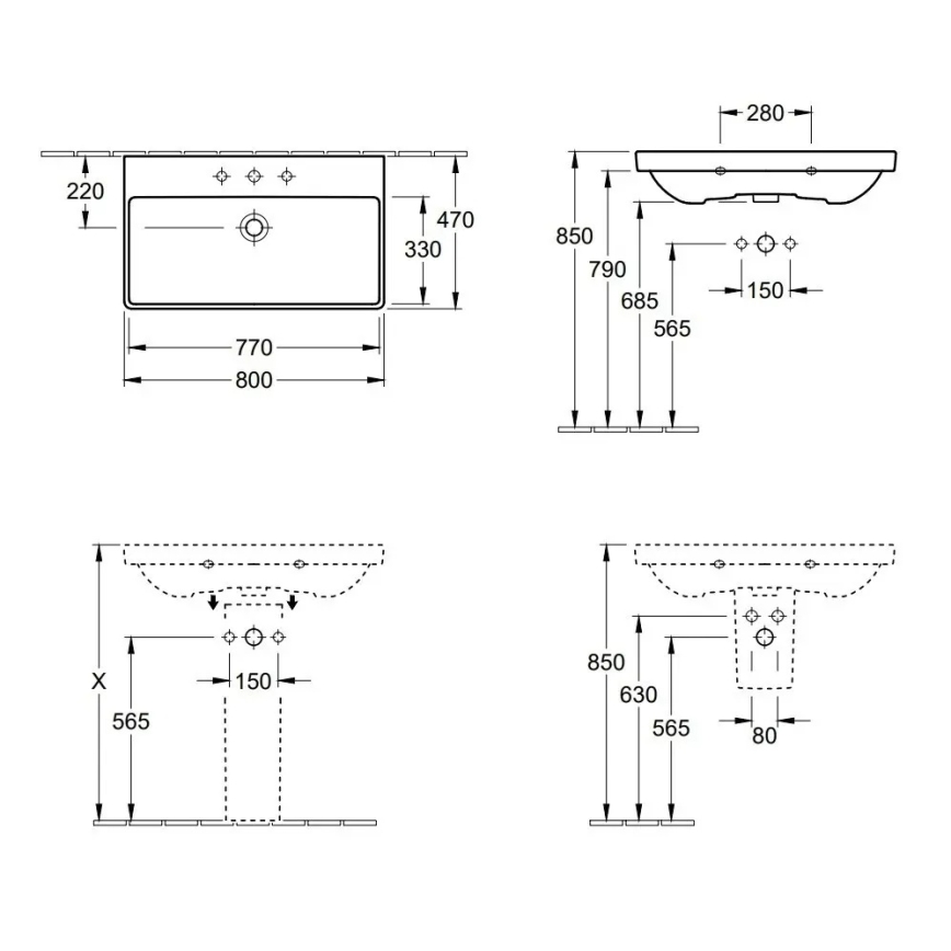 Villeroy & Boch 41568001 - Vägghängt tvättställ AVENTO 80x47 cm keramik/vit