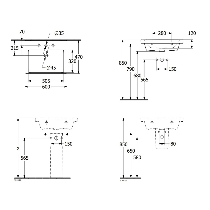 Villeroy & Boch 4A706001 - Vägghängt tvättställ SUBWAY 3.0 60x47 cm, keramik, vit