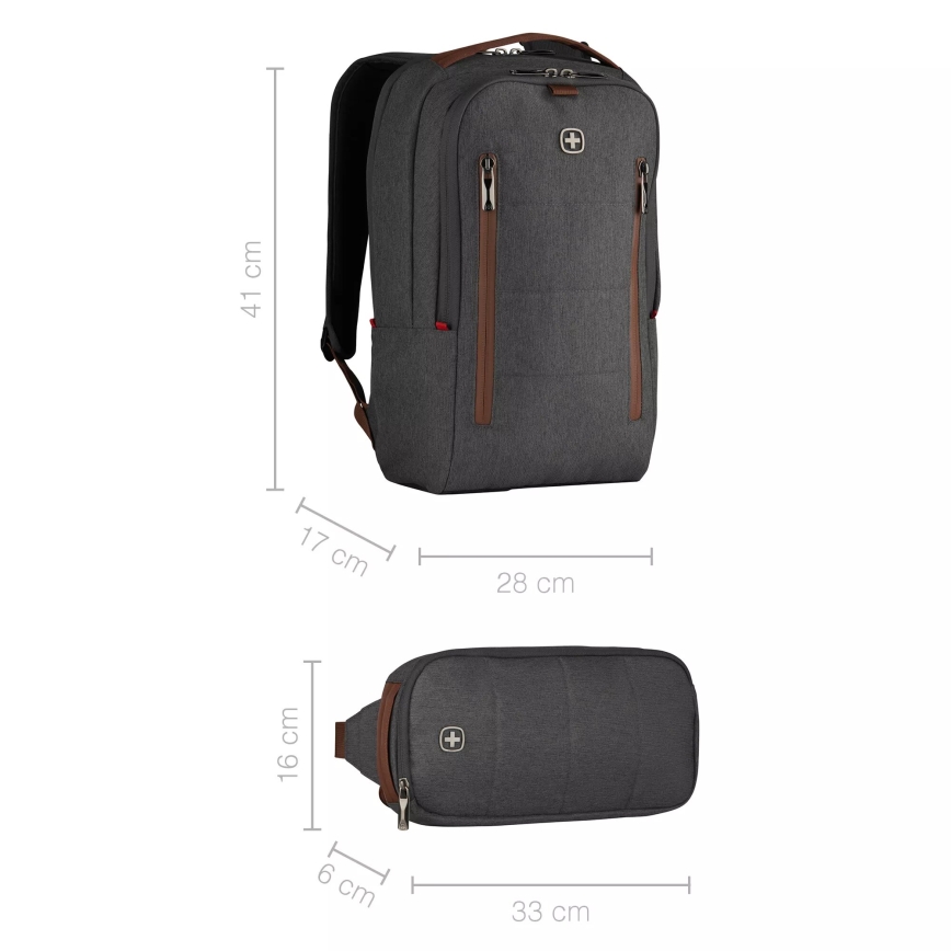 Wenger - Laptop ryggsäck 15 l 16" med ficka för surfplatta 12" + crossbody bag Stad Upgrade 2i1 grå