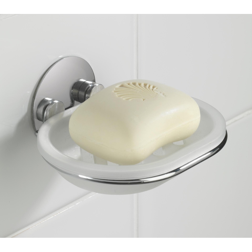 WENKO 18776100-Tvålfat TURBO-LOC RUND STÅL 13x11 cm blank krom/vit