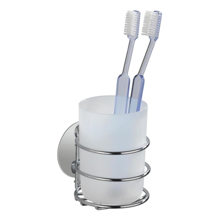 WENKO 18779100-Tandborstmugg TURBO-LOC RUND STÅL 7,5x9 cm blank krom/vit