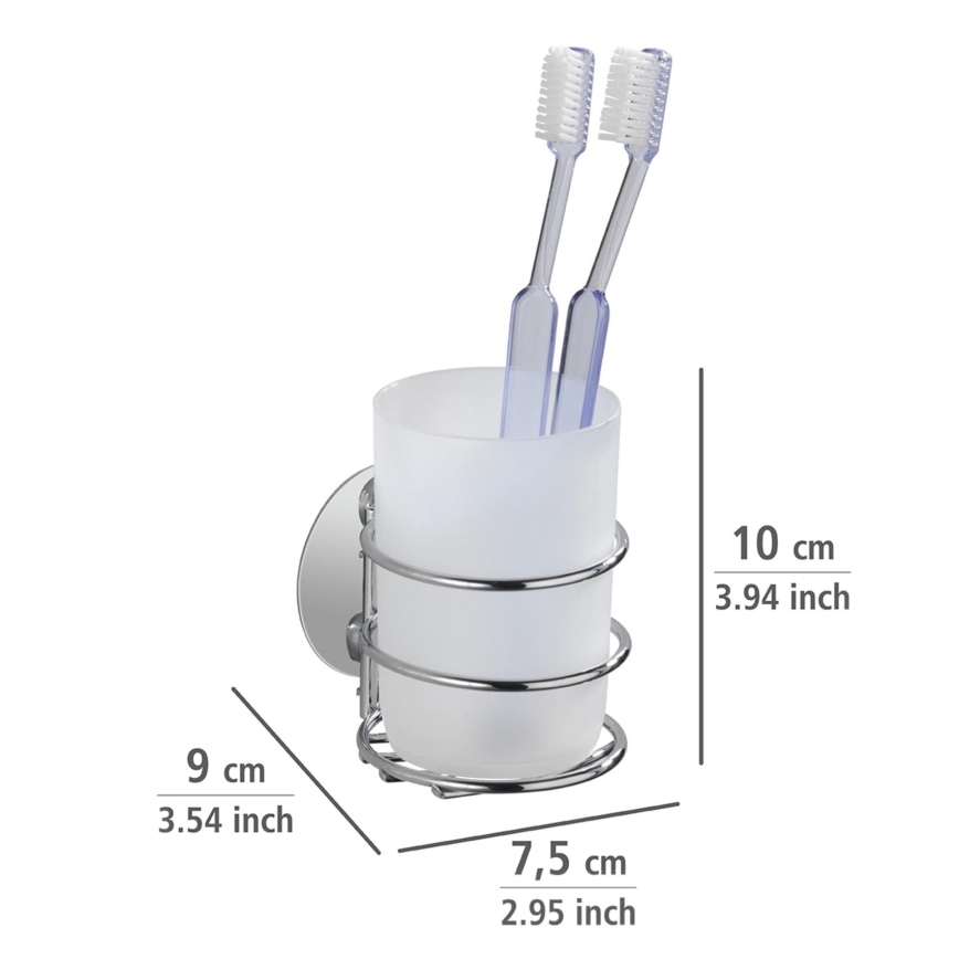 WENKO 18779100-Tandborstmugg TURBO-LOC RUND STÅL 7,5x9 cm blank krom/vit