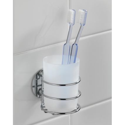WENKO 18779100-Tandborstmugg TURBO-LOC RUND STÅL 7,5x9 cm blank krom/vit