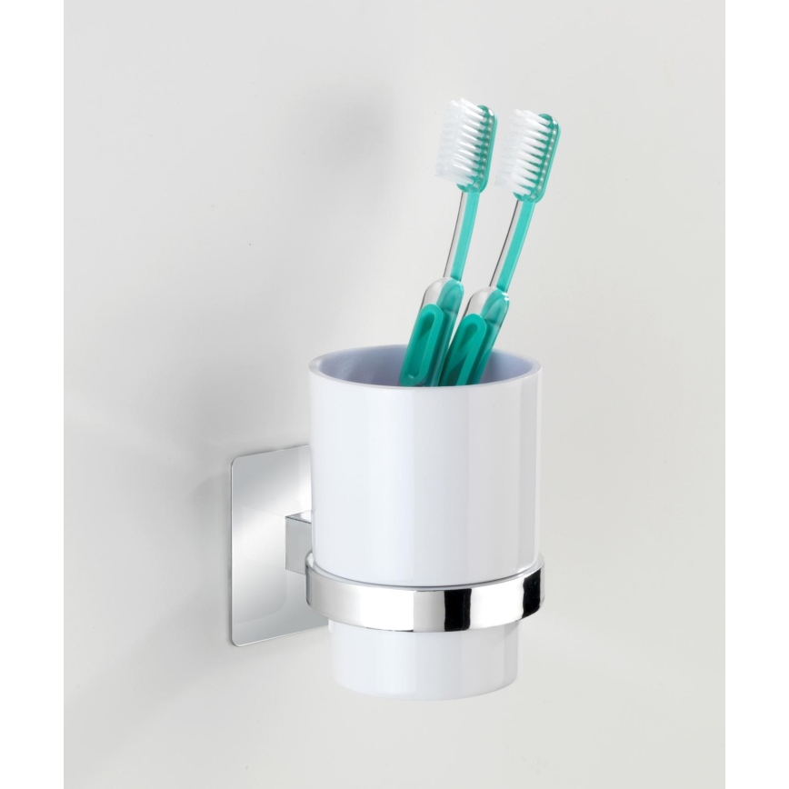 WENKO 23847800-Tandborstmugg TURBO-LOC QUADRO ED. 7x9,5 cm blank.krom/vit