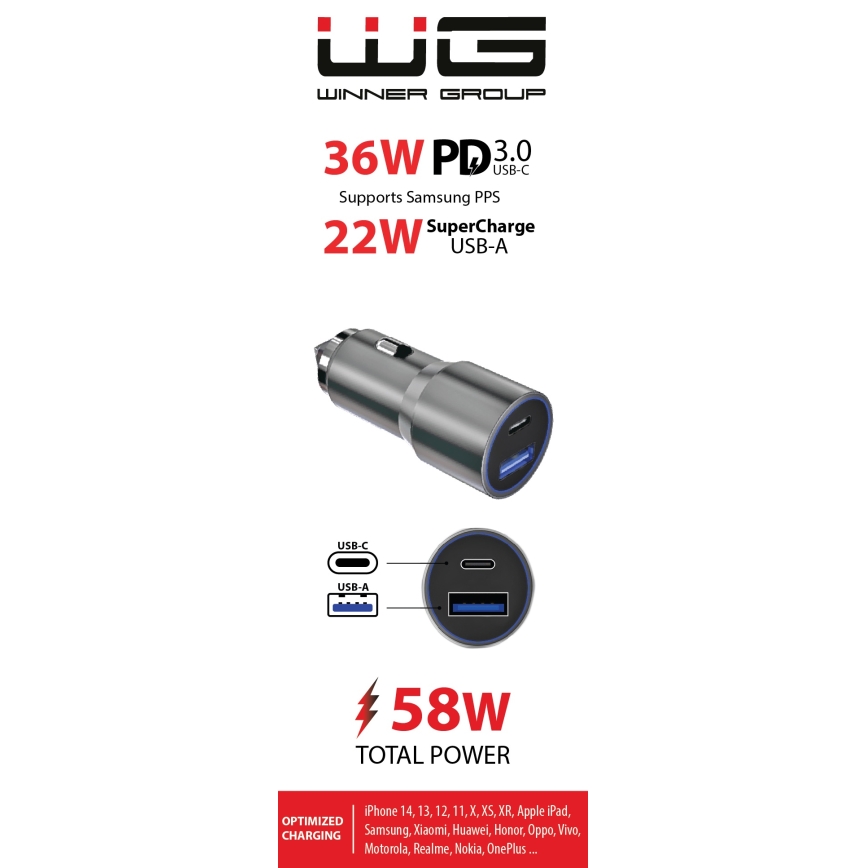 Winner Group - Billaddare 1xUSB-C + 1xUSB-A Power Delivery 58,5W silver