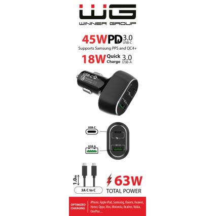 Winner Group - Billaddare 1xUSB-C + 1xUSB-A Power Delivery 63W + USB-kabel USB-C / USB-C 1 m svart