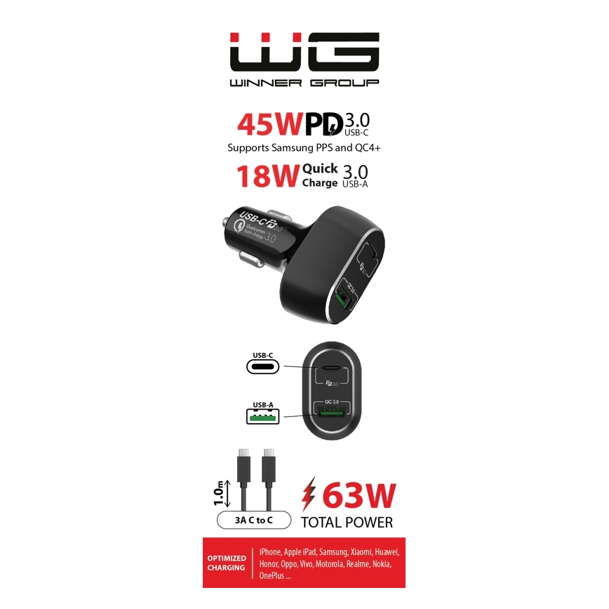 Winner Group - Billaddare 1xUSB-C + 1xUSB-A Power Delivery 63W + USB-kabel USB-C / USB-C 1 m svart