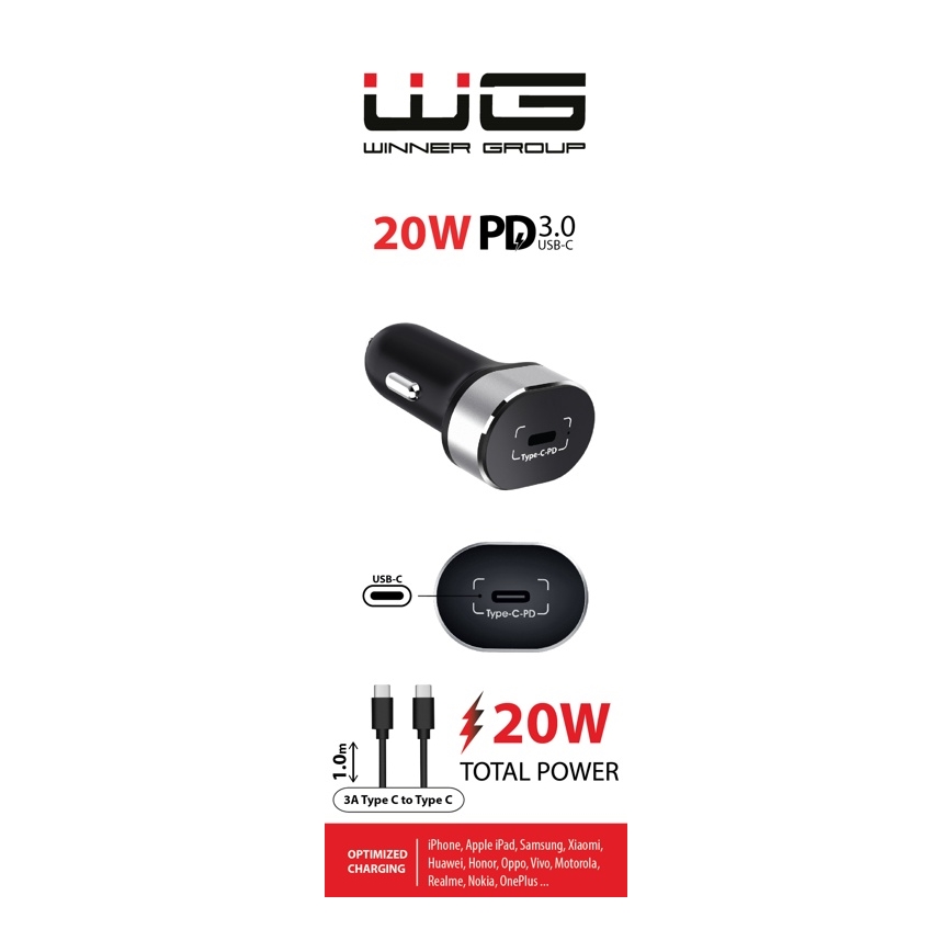 Winner Group - Billaddare 1xUSB-C Power Delivery 20W + USB-kabel USB-C / USB-C 1 m svart