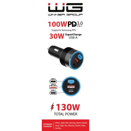 Winner Group - Billaddare 2xUSB-C + 1xUSB-A Power Delivery 130W svart