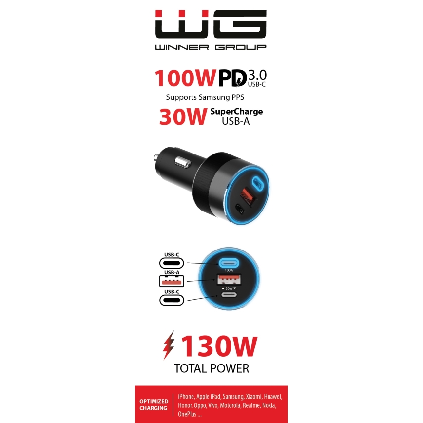 Winner Group - Billaddare 2xUSB-C + 1xUSB-A Power Delivery 130W svart