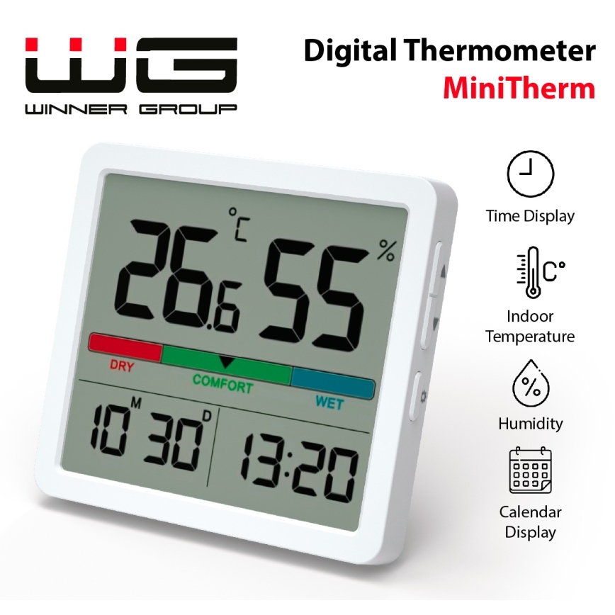 Winner Group - Digital termometer med LCD display och fuktighetsmätare 2xCR2032 vit