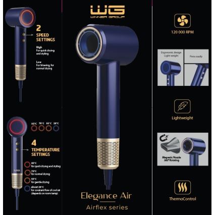 Winner Group - Hårfön med ionisator Elegance Air 1600W/230V blå SCHUKO