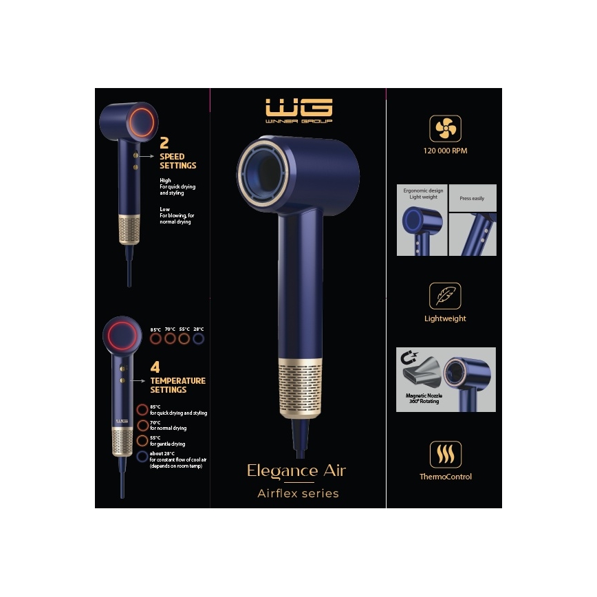 Winner Group - Hårfön med ionisator Elegance Air 1600W/230V blå SCHUKO