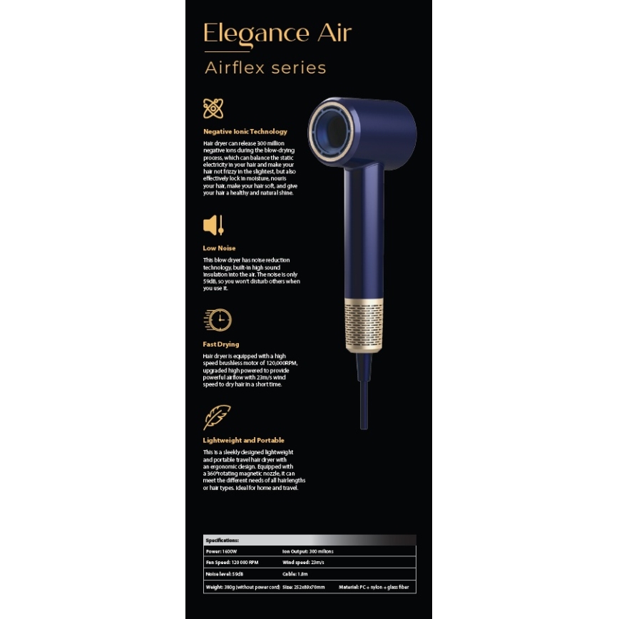 Winner Group - Hårfön med ionisator Elegance Air 1600W/230V blå SCHUKO