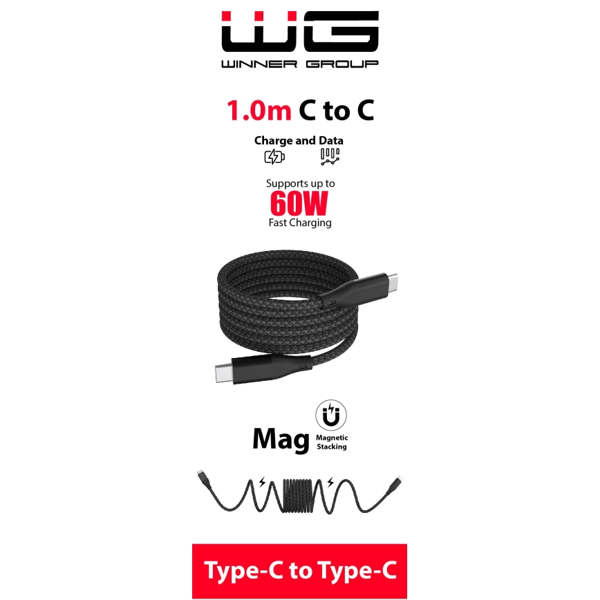 Winner Group - Magnetisk USB-kabel USB-C / USB-C 60W 1m svart