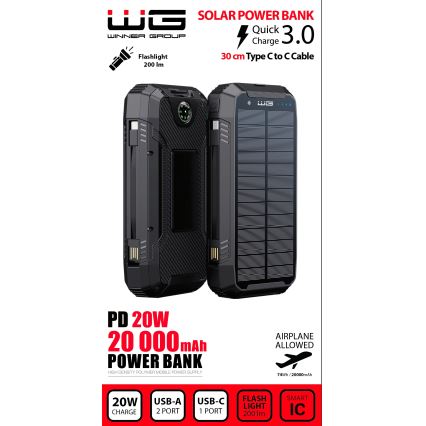 Winner Group - Power bank med trådlös laddning och solcellpanel 20000 mAh 20W PD
