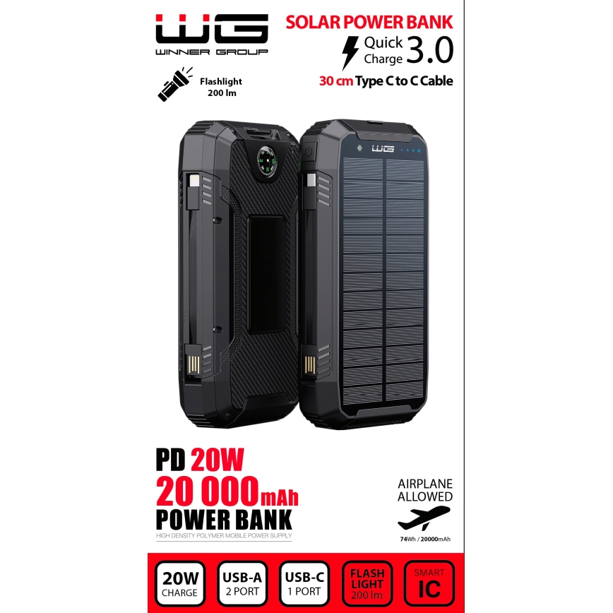 Winner Group - Power bank med trådlös laddning och solcellpanel 20000 mAh 20W PD