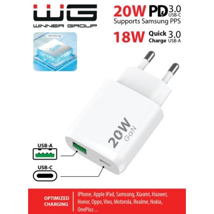 Winner Group - Snabbladdningsadapter 1xUSB-C + 1xUSB-A Power Delivery 20W vit