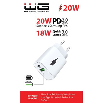 Winner Group - Snabbladdningsadapter 1xUSB-C + 1xUSB-A Power Delivery 20W vit
