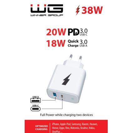 Winner Group - Snabbladdningsadapter 1xUSB-C + 1xUSB-A Power Delivery 38W vit