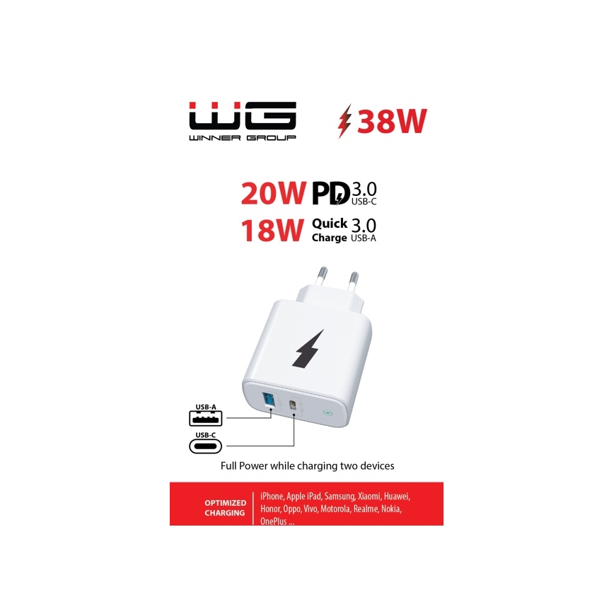 Winner Group - Snabbladdningsadapter 1xUSB-C + 1xUSB-A Power Delivery 38W vit