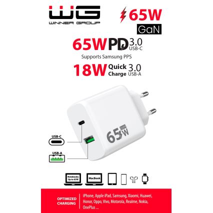 Winner Group - Snabbladdningsadapter 1xUSB-C + 1xUSB-A Power Delivery 65W vit