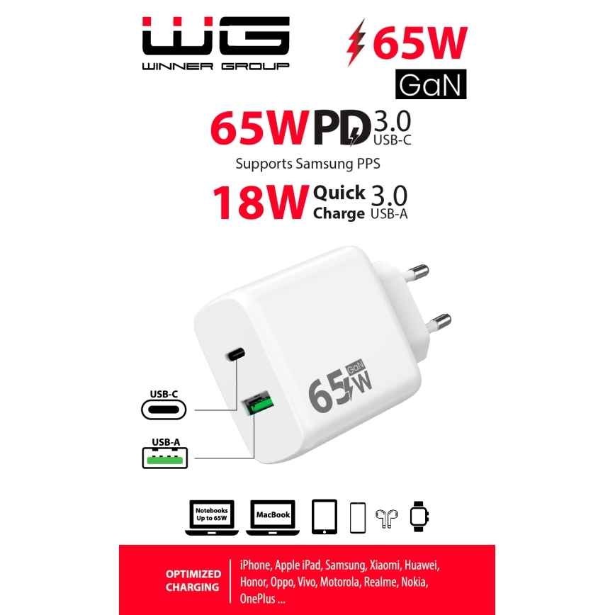 Winner Group - Snabbladdningsadapter 1xUSB-C + 1xUSB-A Power Delivery 65W vit