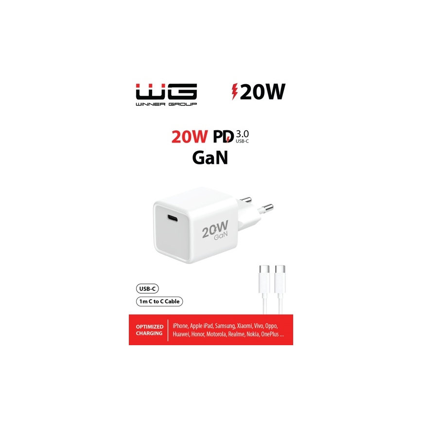 Winner Group- Snabbladdningsadapter 1xUSB-C PD 20W + USB-kabel USB-C / USB-C 1m