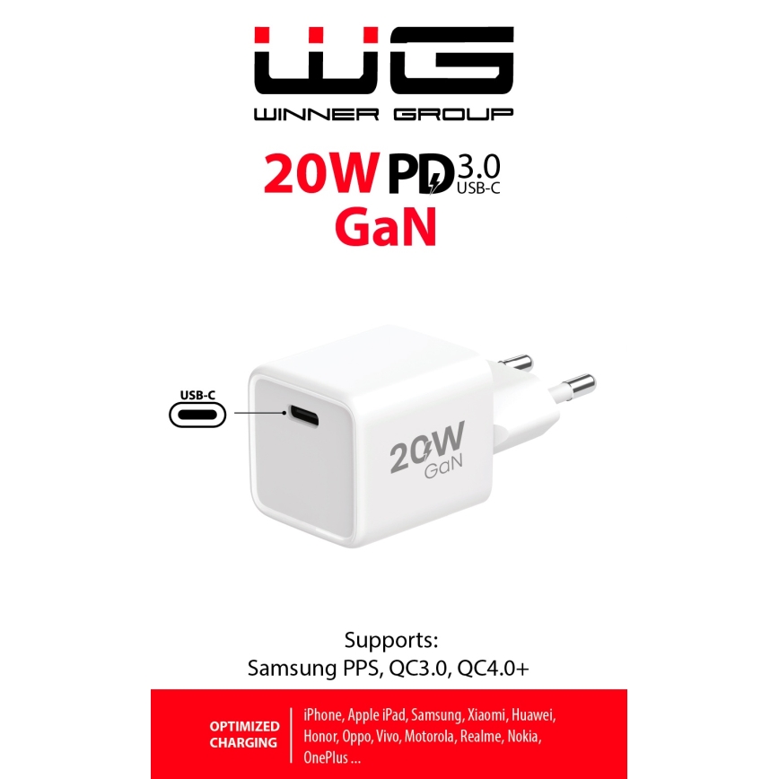 Winner Group - Snabbladdningsadapter 1xUSB-C Power Delivery 20W vit