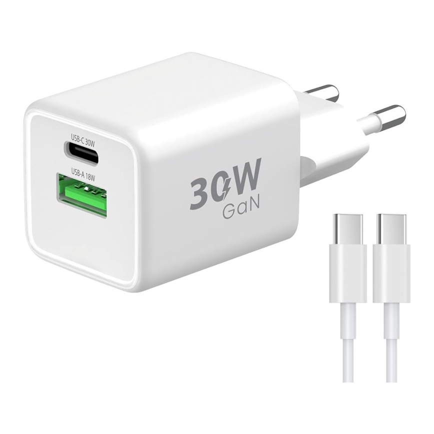 Winner Group - Snabbladdningsadapter 2xUSB PD 30W + USB-kabel USB-C / USB-C 1m