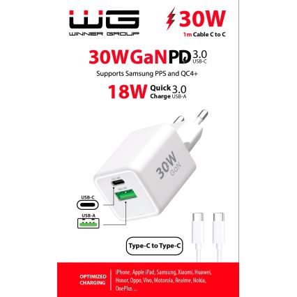 Winner Group - Snabbladdningsadapter 2xUSB PD 30W + USB-kabel USB-C / USB-C 1m