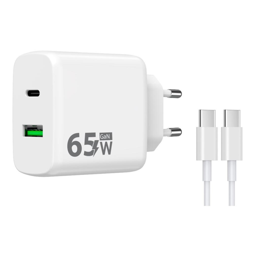 Winner Group - Snabbladdningsadapter 2xUSB PD 65W + USB-kabel USB-C / USB-C 1m