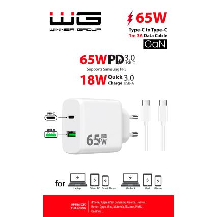 Winner Group - Snabbladdningsadapter 2xUSB PD 65W + USB-kabel USB-C / USB-C 1m