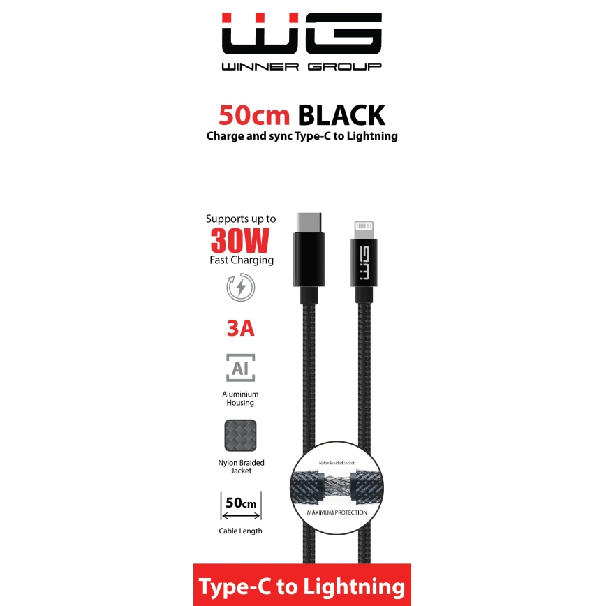 Winner Group - USB-kabel Lightning / USB-C 60W 50cm svart