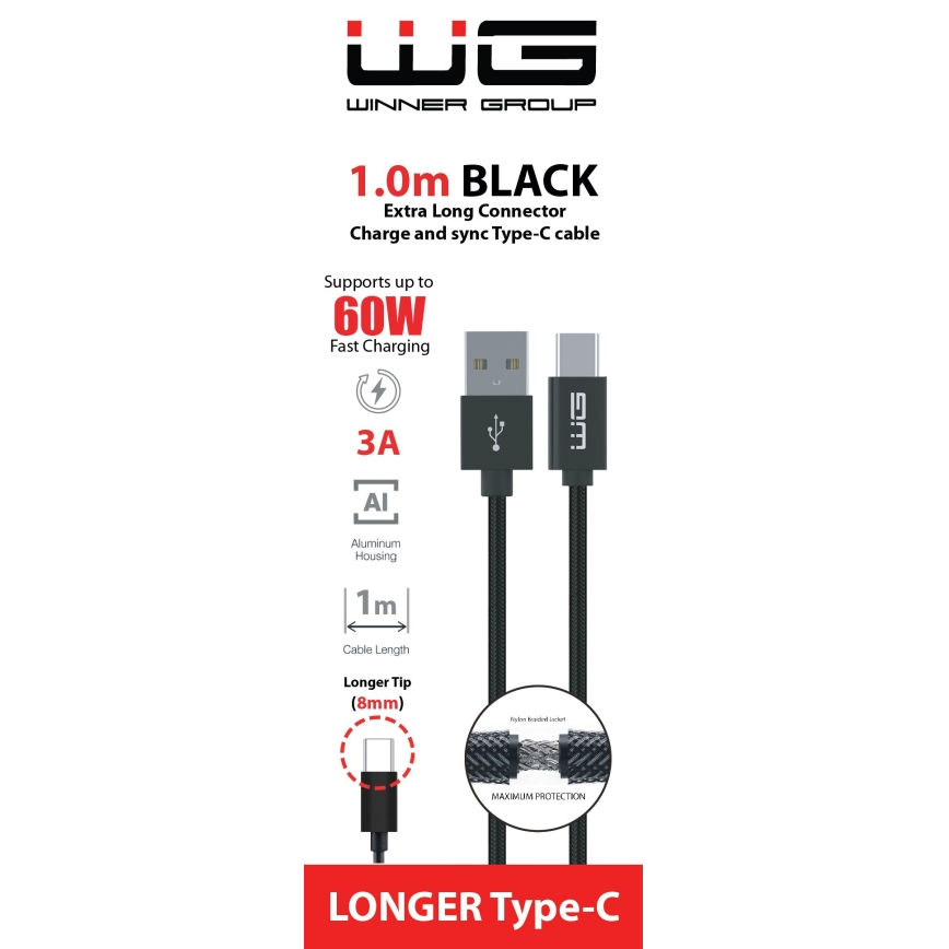 Winner Group - USB-kabel med förlängd kontakt USB-C / USB-A 60W 1m svart