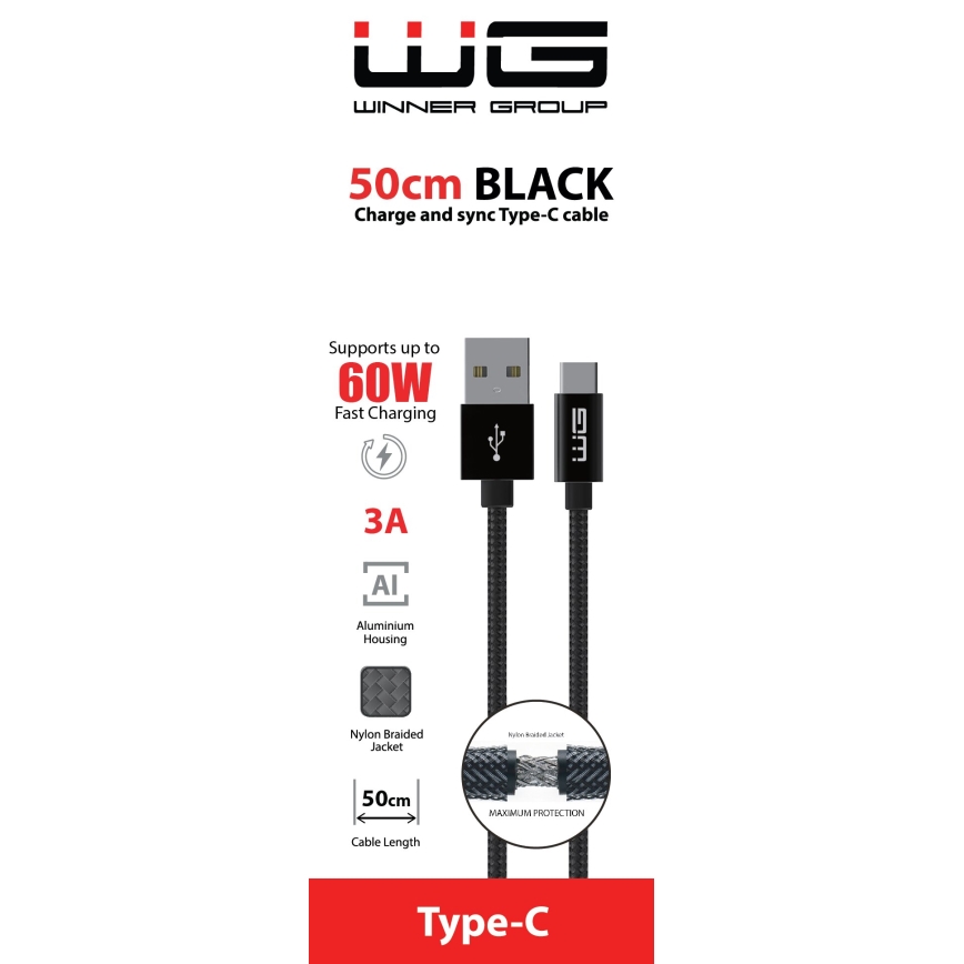 Winner Group - USB-kabel USB-C / USB-A 60W 50cm svart