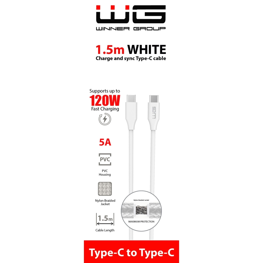 Winner Group - USB-kabel USB-C / USB-C 120W 1,5m vit