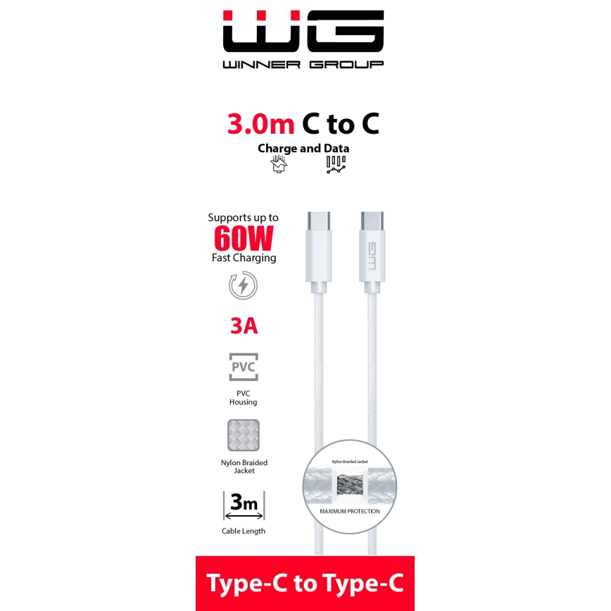 Winner Group - USB-kabel USB-C / USB-C 60W 3m vit