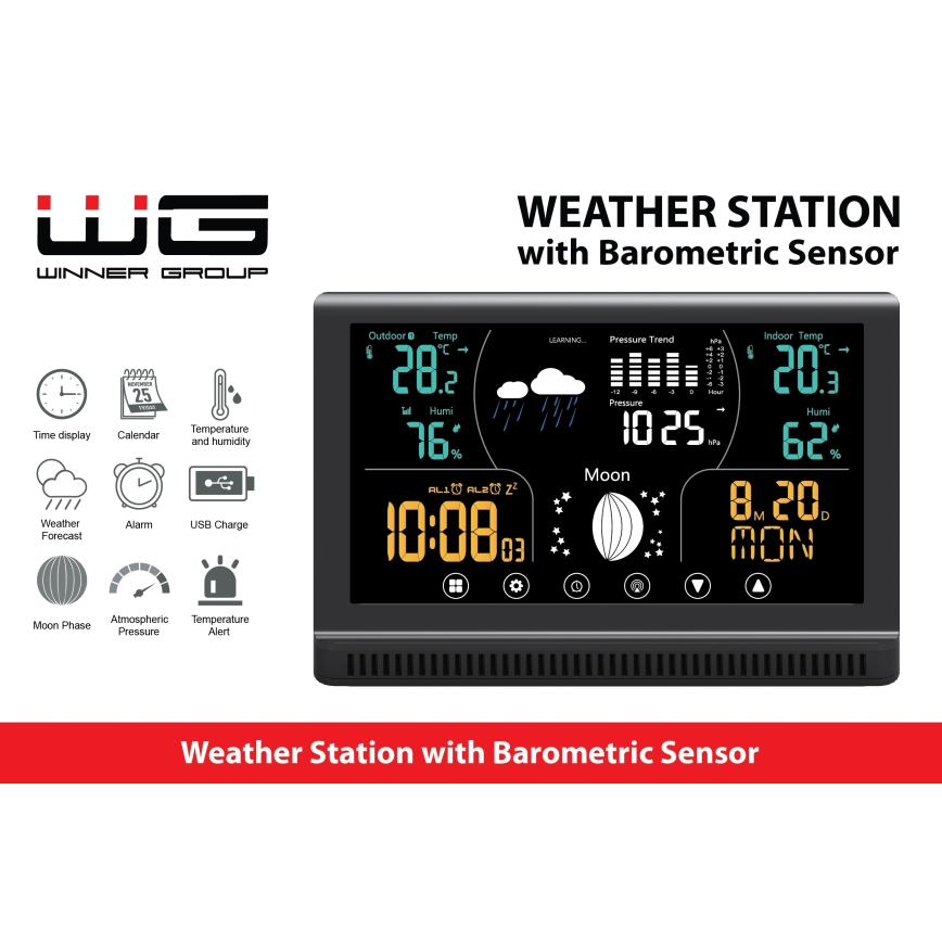 Winner Group - Väderstation med LCD färgdisplay och väckarklocka 5xAAA